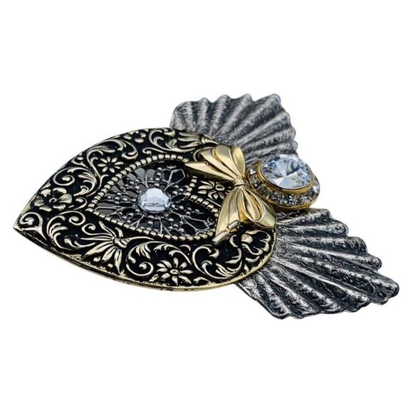 Vintage Jane Crystal Glass Large Gold Silver Tone Angel Heart Paisley Brooch - Picture 2 of 6